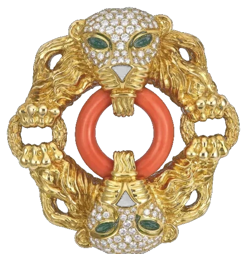 Broche aux lions en or ciselé, diamants et corail — Maison Altmann